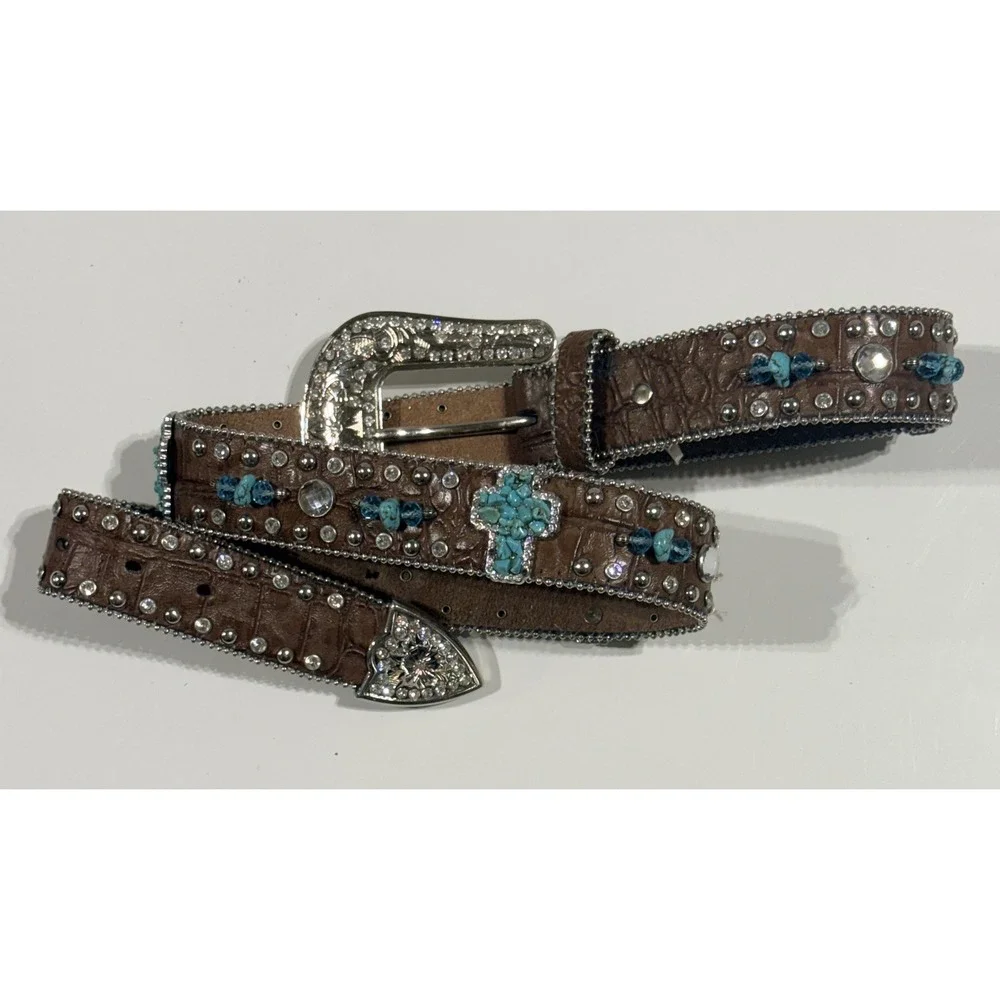 NOCONA - Women's Brown Leather Turquoise Cross Rhinestone Western Belt - Large